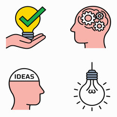 Vector icon set of creative ideas and innovation concepts. Brainstorming process with lightbulb and gears illustration. 19.eps
