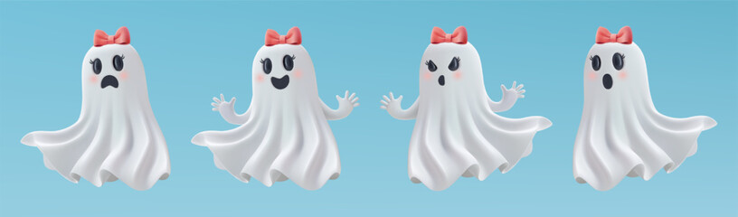 Halloween ghost girl set. 3d emoji little nice game character. White cloth pink bow. Scary laugh, baby boo, spooky face. Phantom soul funny mascot, Cute girly smile, scared scream emotion, blue bg