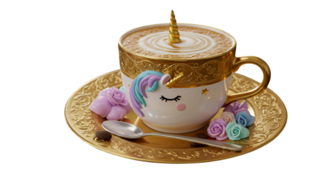 3D Illustration Unicorn Coffee Cup With Golden Decorations And Transparent Background