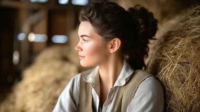 Female farmer tallying livestock feed in a barn