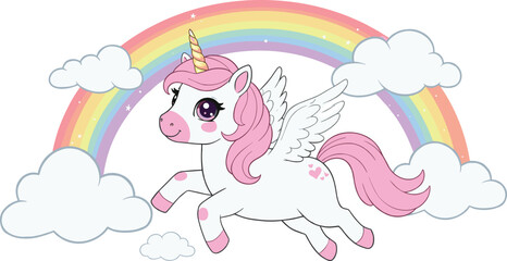 Adorable flying unicorn with rainbow and clouds, cute pink mane, magical fantasy cartoon, vector illustration for kids, dreamy fairytale scene