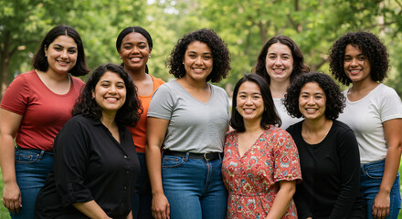 Group of young women posing together in park during daytime  
