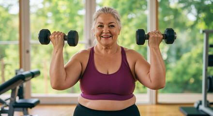 Older woman exercising with dumbbells in a bright gym environment  