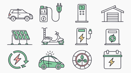 Electric Vehicles Icon Set – Vector Icons for EV Cars, Charging Stations, and Sustainable Transport