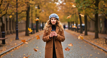 Young woman holding coffee and smiling on autumn street with leaves  