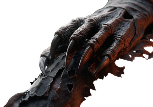 3D Render of a Dark Clawed Hand with Orange Highlights against a Black Transparent Background