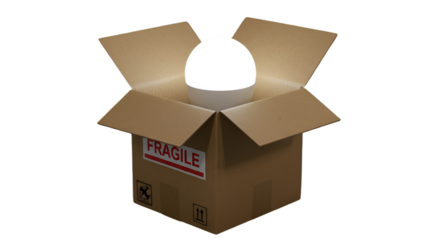 3D Render of a Glowing Sphere Inside an Open Cardboard Box on Isolated Background