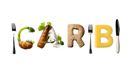 Carb letters made of food and cutlery isolated on transparent background