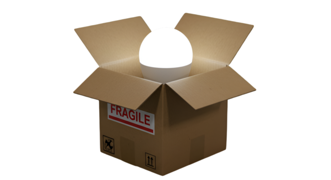 3D Render of a Glowing Sphere Inside an Open Cardboard Box on Isolated Background