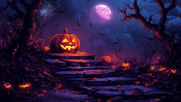 Glowing Jack o Lanterns on stone steps under a full moon with bats Halloween pumpkin - Powered by Adobe