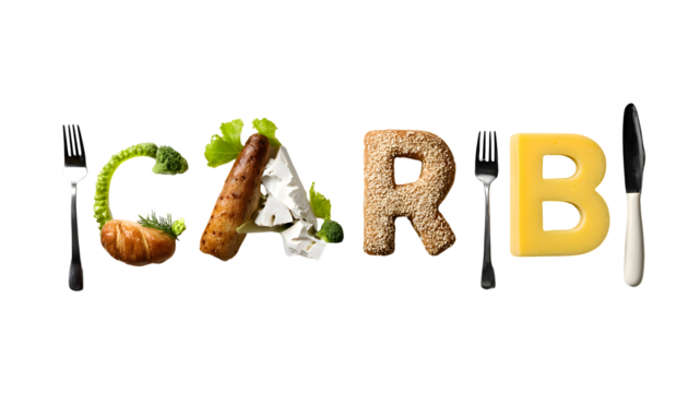 Carb letters made of food and cutlery isolated on transparent background