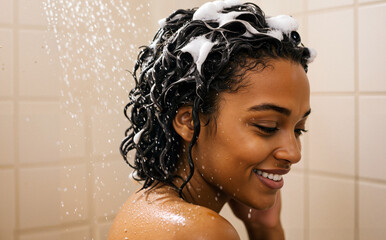 Young black woman enjoying a shower with shampoo in bathroom  