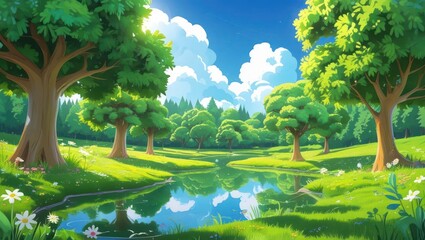 Lush, vibrant landscape with a tranquil pond.