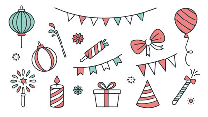 Festival Decorations Icon Set – Vector Icons for Party Decor, Celebrations, and Festive Events