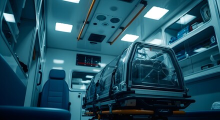 A futuristic patient isolation pod on a gurney inside a modern, empty ambulance vehicle.