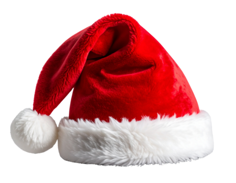 A playful red Santa hat tilted to the side with a curled tip and detailed fur trim, viewed from a side angle, with realistic shadowing and texture, isolated on a transparent background