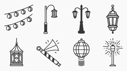 Festival Lights Icon Set – Vector Icons for Decorative Lighting and Festive Illumination