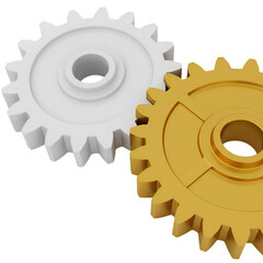 3D Render Of Gold And White Interlocking Gears On Transparent Background