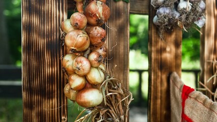 Onion on food stalls outdoor. Local food market. Ecological fresh vegetable. Selling food products...
