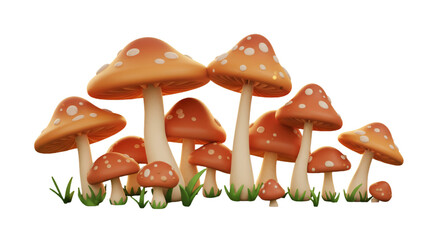 3D Render of Group of Orange Mushrooms with White Spots and Green Grass in Isolated Background
