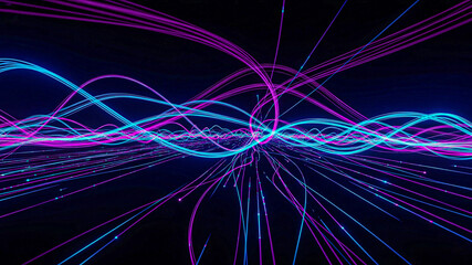 Abstract Neon Waveforms: Futuristic Digital Data Stream, Vibrant Pink and Blue Light Trails on Black Background.