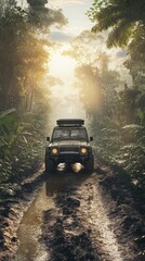 Adventurous 4x4 Vehicle Navigating Lush Jungle Trail with Dramatic Sunlight