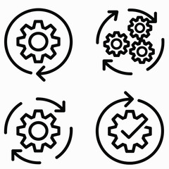 Workflow automation and process management line icon set. Gear and arrow symbols representing system operations, optimization, and quality control.