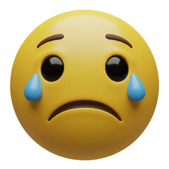 3D Render Sad Yellow Emoji with Tears on Transparent Isolated Background
