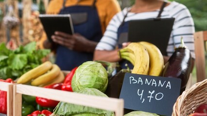 Close up of fresh ecological fruits and vegetables put on display on counter at local market. Man and woman farmers standing on backgraund at stall using tablet doing inventory. Farm food market