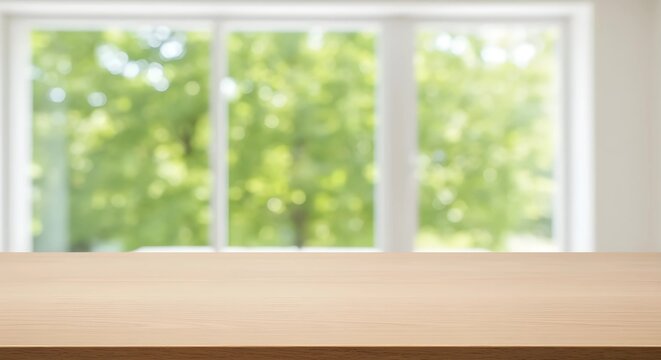 プレゼン資料の背景に最適な、夏の光あふれる明るいオフィスの無人風景。窓の外には緑。Bright modern office background with a view of summer greenery through the window, ideal for a presentation slide.