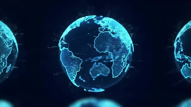 Abstract, glowing blue Earth globe on a dark background, with wireframe continents