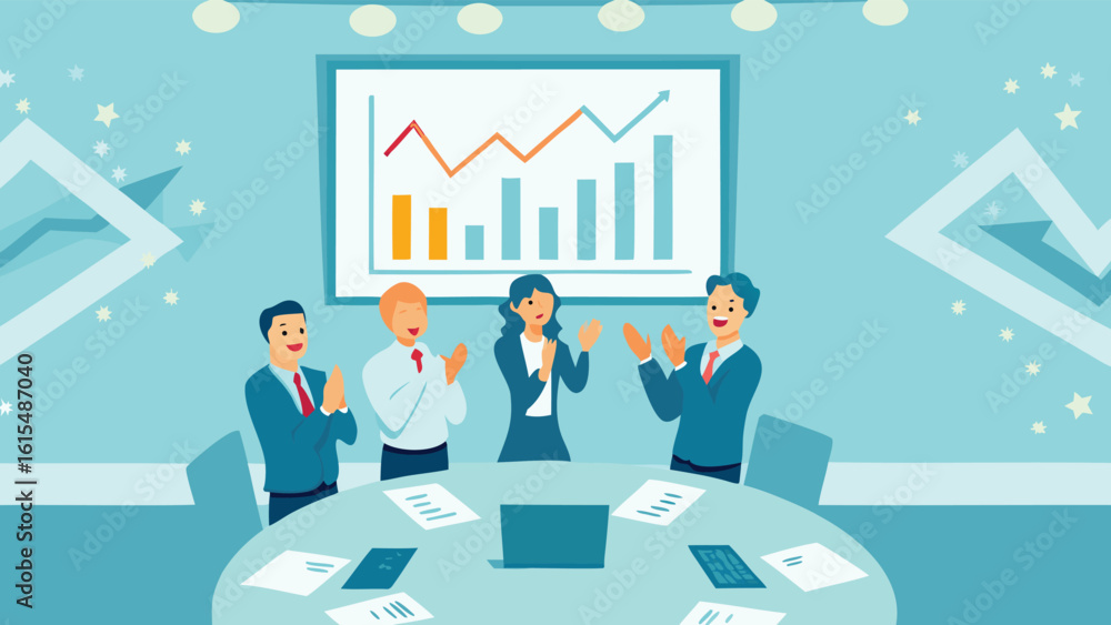 Poster business meeting with chart on wall and four people clapping around a table with documents and a lap