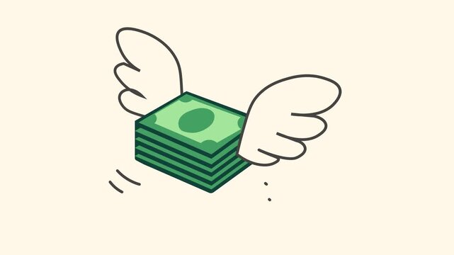 Flying Money Concept Flat design Animation. Stack of green banknotes with white cartoon wings, metaphor conveys the idea of fast-spending, unexpected expenses, financial loss, or fleeting wealth.