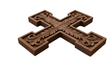 3D Rendered Brown Wooden Cross With Detailed Floral Carvings Isolated
