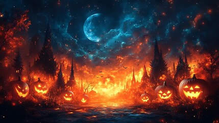 Glowing Jack-o-lanterns in a fiery Halloween landscape under a crescent moon pumpkin