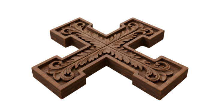 3D Rendered Brown Wooden Cross With Detailed Floral Carvings Isolated - Powered by Adobe