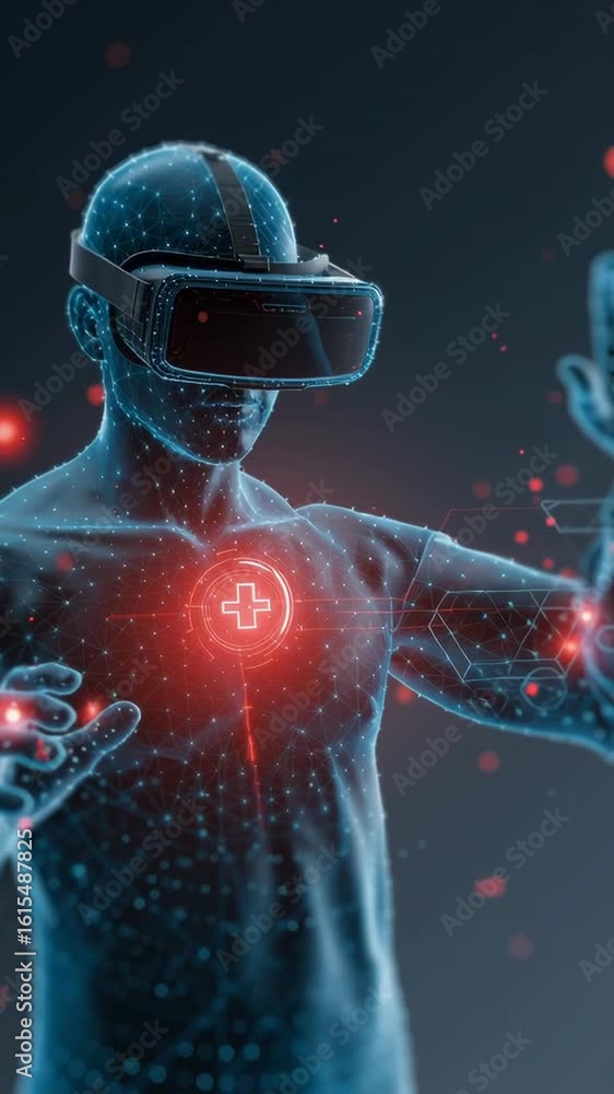Poster digital avatar experiences immersive virtual reality with interactive elements in a futuristic envir