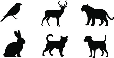 Six Black Animal Silhouettes Bird Rabbit Deer Panther Two Dogs vector