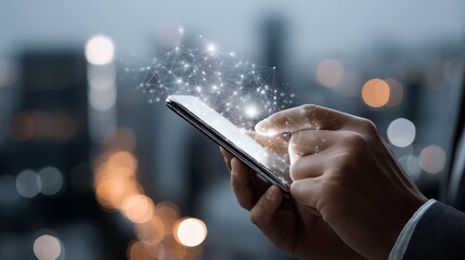 Businessman navigating smartphone, glowing network hologram projecting from screen against blurred nighttime cityscape, representing global digital Professional businessman