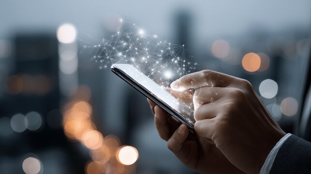 Businessman navigating smartphone, glowing network hologram projecting from screen against blurred nighttime cityscape, representing global digital Professional businessman - Powered by Adobe
