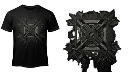 Abstract 3D Tech Design Illustration On Black T-shirt Isolated Transparent Background