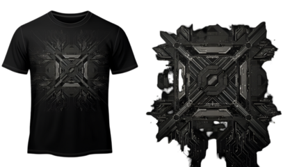 Abstract 3D Tech Design Illustration On Black T-shirt Isolated Transparent Background