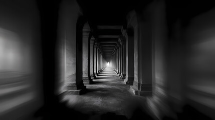 Temple corridor with impossible vanishing depth, overhead blur and tone inversion, dark conceptual use. Illustration