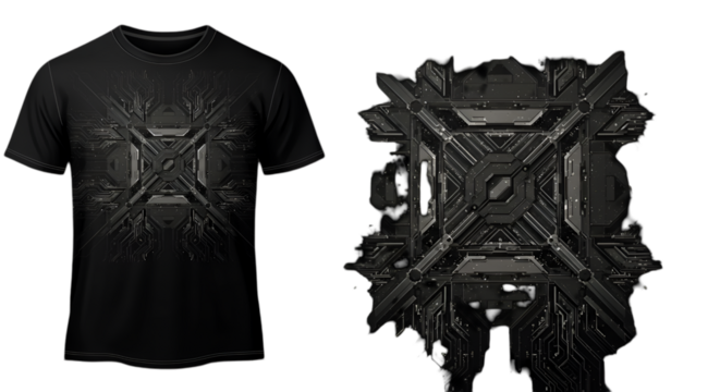 Abstract 3D Tech Design Illustration On Black T-shirt Isolated Transparent Background