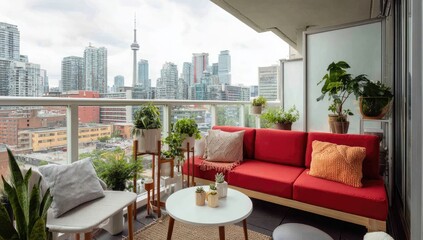 Fototapeta premium Urban balcony with city view, comfy seating and greenery