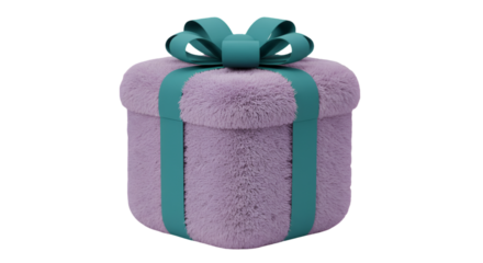 3D Rendered Gift Box with Purple Fur and Teal Ribbon on Black Background