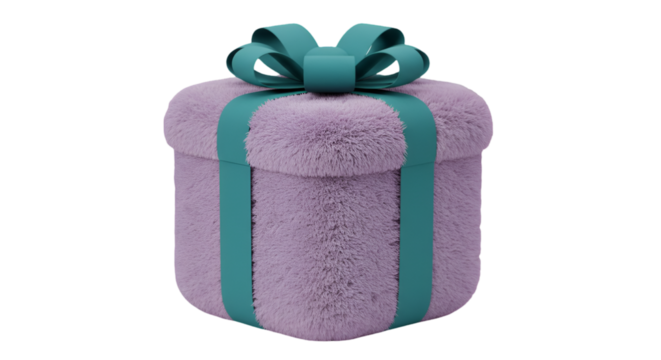 3D Rendered Gift Box with Purple Fur and Teal Ribbon on Black Background