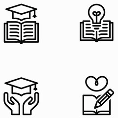 Collection of Four Line Art Icons Representing Education, Learning, Knowledge, and Creativity