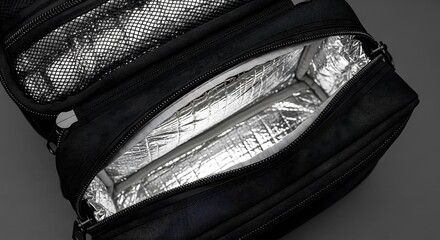 Close-up view of an open black cooler bag showcasing its shiny silver insulated interior.