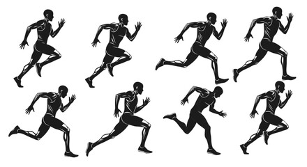 Vector art of a sequence of eight black silhouettes of a male runner in midstride, capturing the dynamic motion of sprinting
